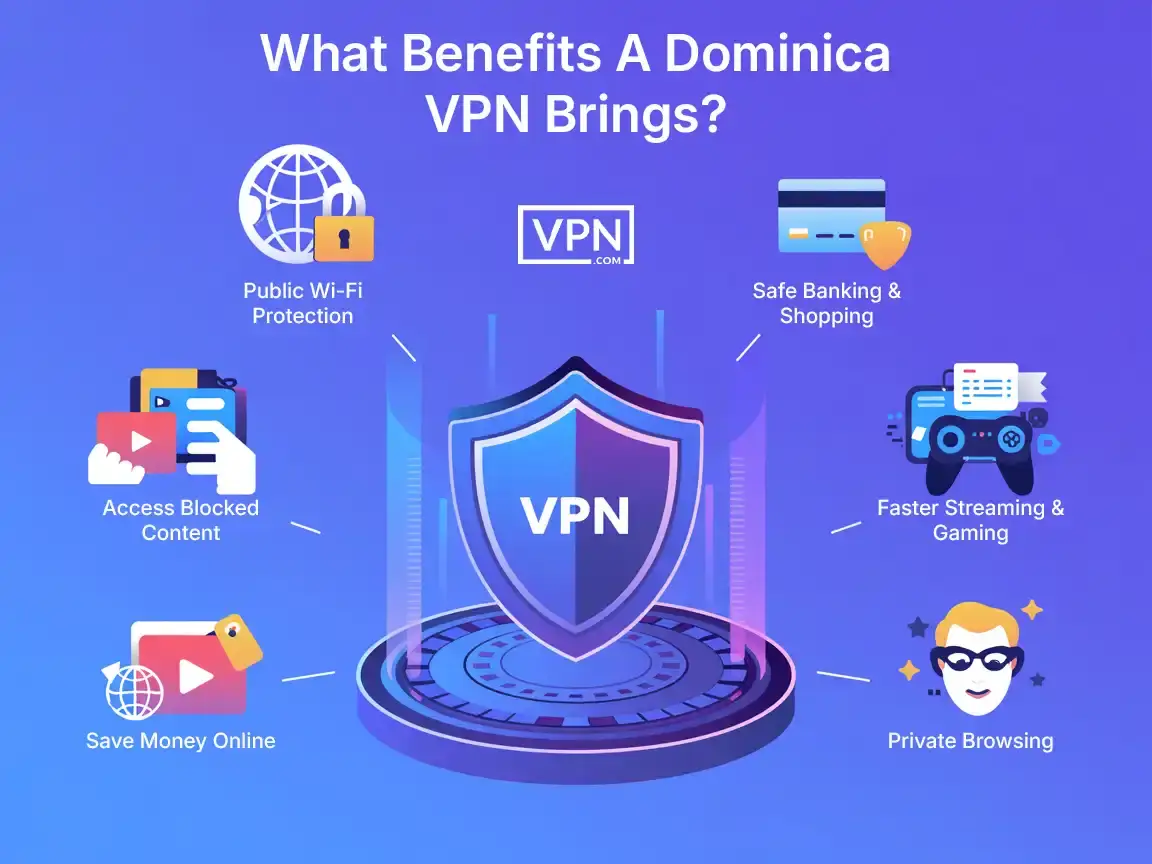 Benefits of using a Dominica VPN such as public Wi-Fi protection, safe banking, faster streaming, and private browsing