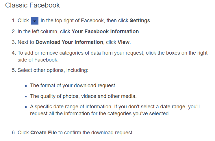 Cómo descargar el archivo de datos en el Facebook clásico.
