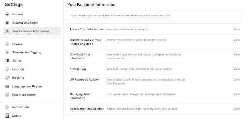 Pirmais solis, lai deaktivizētu savu Facebook kontu.