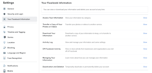 Primer paso para desactivar tu cuenta de Facebook.