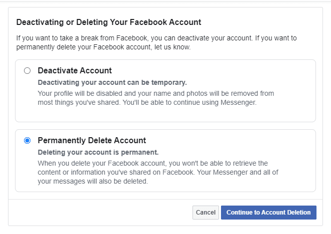 Druhý krok deaktivácie konta Facebook.