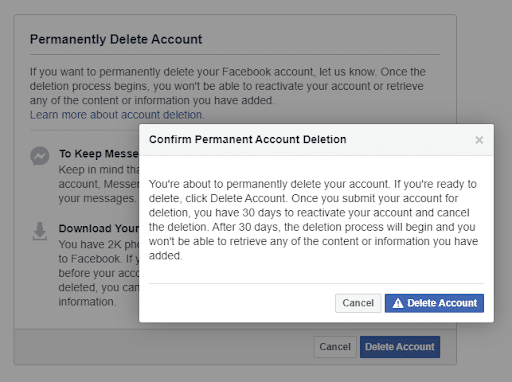 Tretji korak za deaktivacijo računa Facebook.