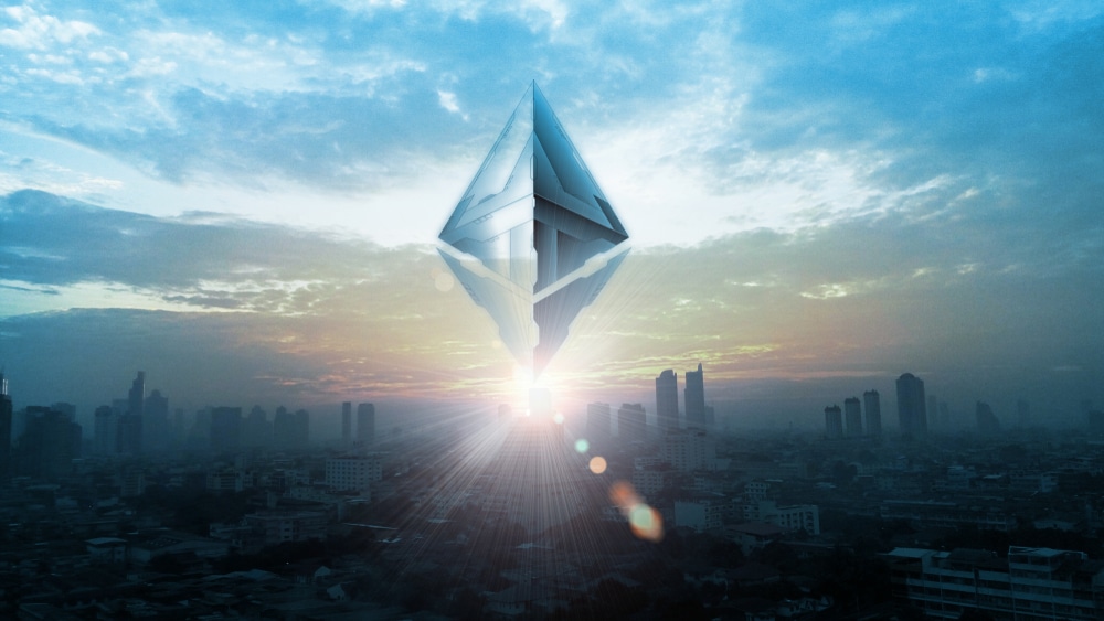 3d Rendering Of Ethereum (eth) Coin On Top Of Buildings