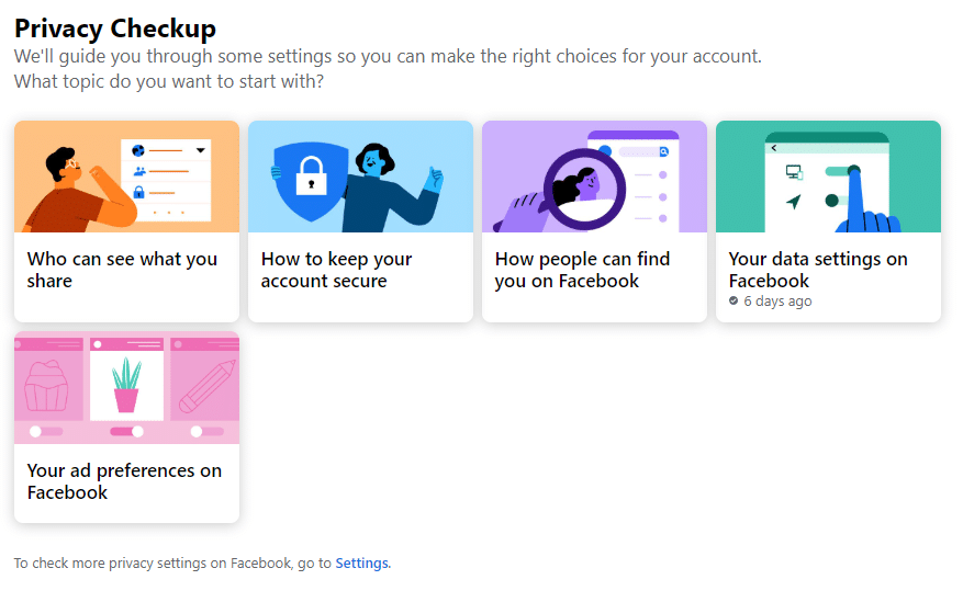 Página de configurações de verificação de privacidade no Facebook.