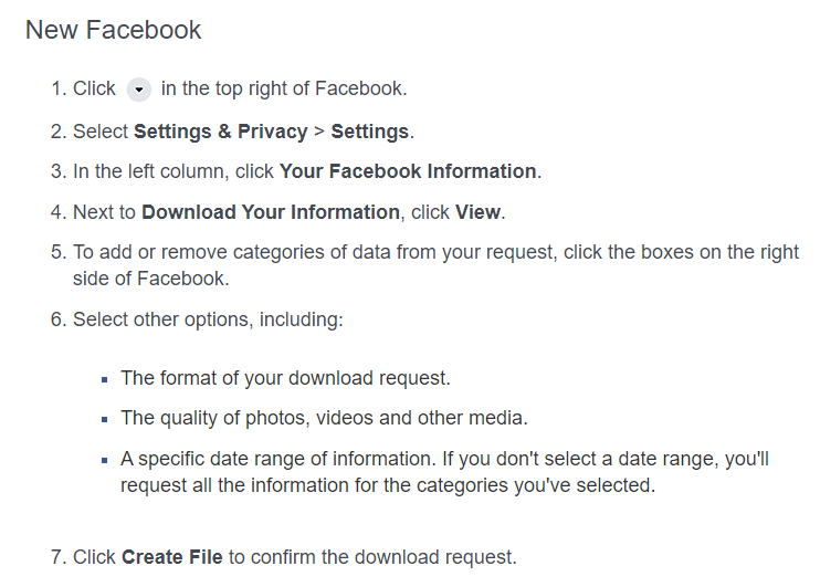 Como fazer o download do arquivo de dados no Novo Facebook.