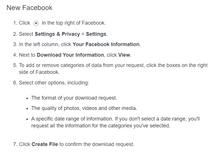 Cómo descargar el archivo de datos en el nuevo Facebook.