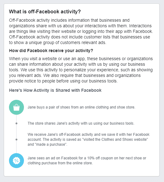 Informação sobre a actividade fora do Facebook.