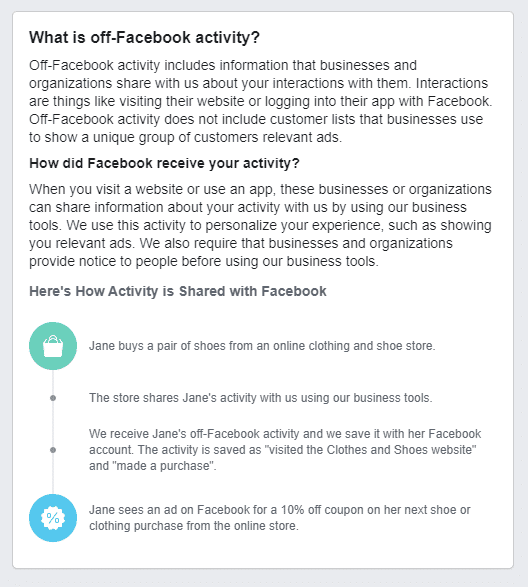 Información sobre la actividad fuera de Facebook.