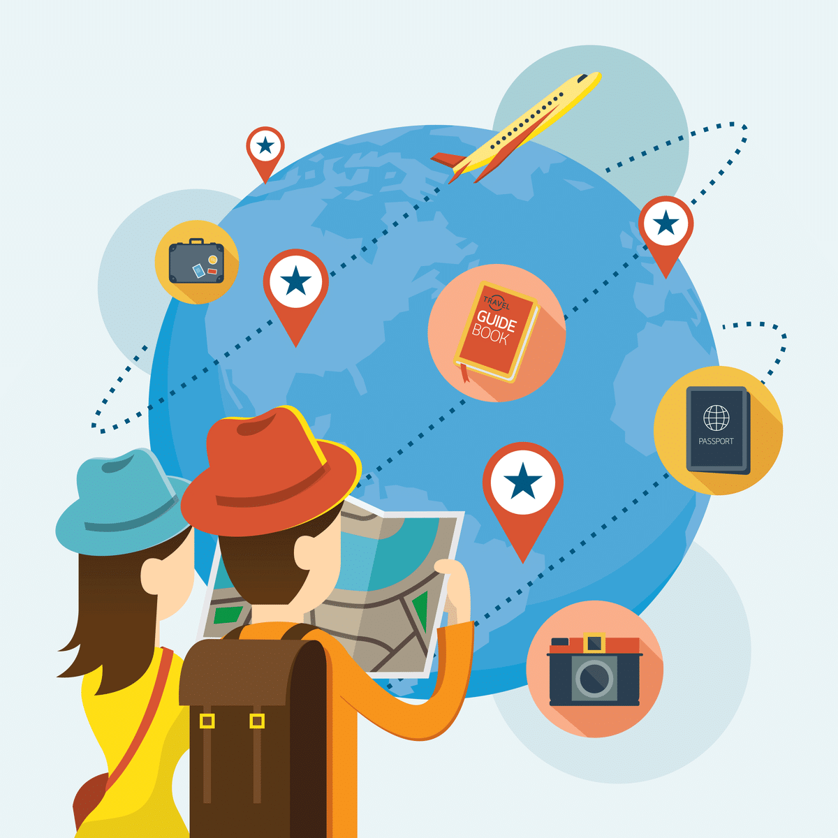 Graphic of a couple travelling a world